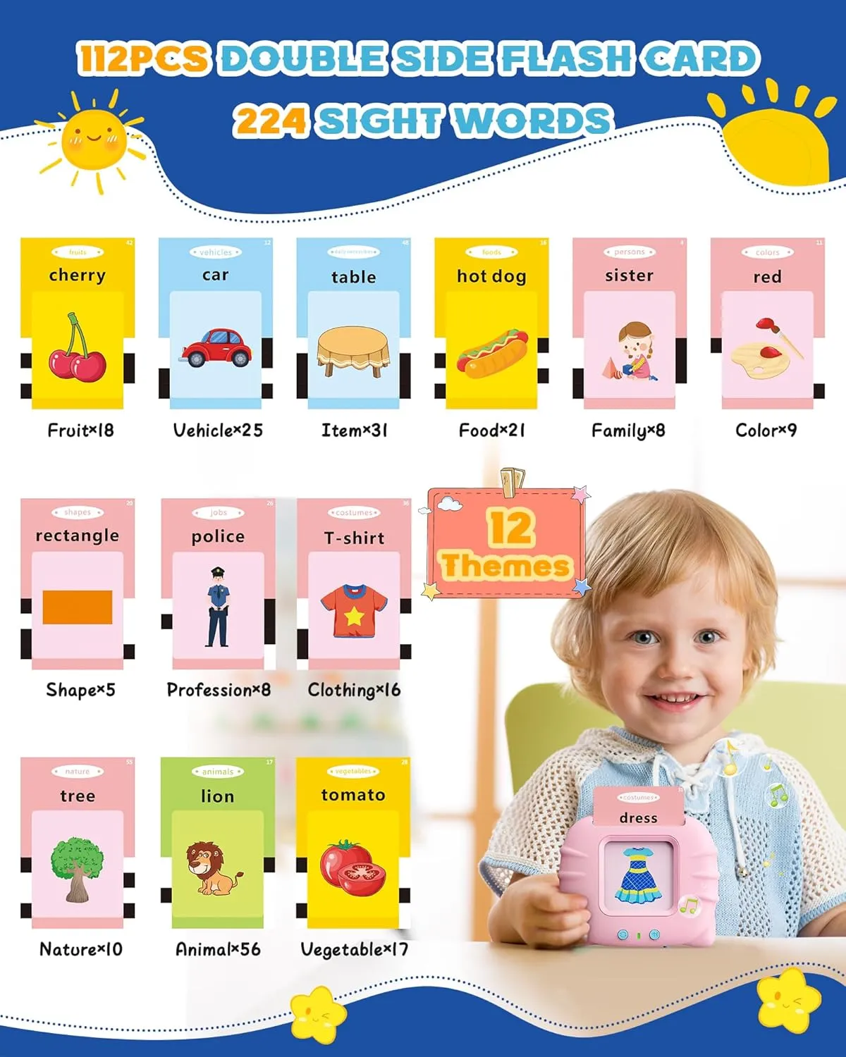 bravokids Talking Flash Cards Toddler Toys, Preschool Educational Sensory Toys with 112 Double Sided Cards for 1 2 3 4 5 6 Year Old Boys and Girls, Interactive Learning Toys Gifts for Kids, Pink