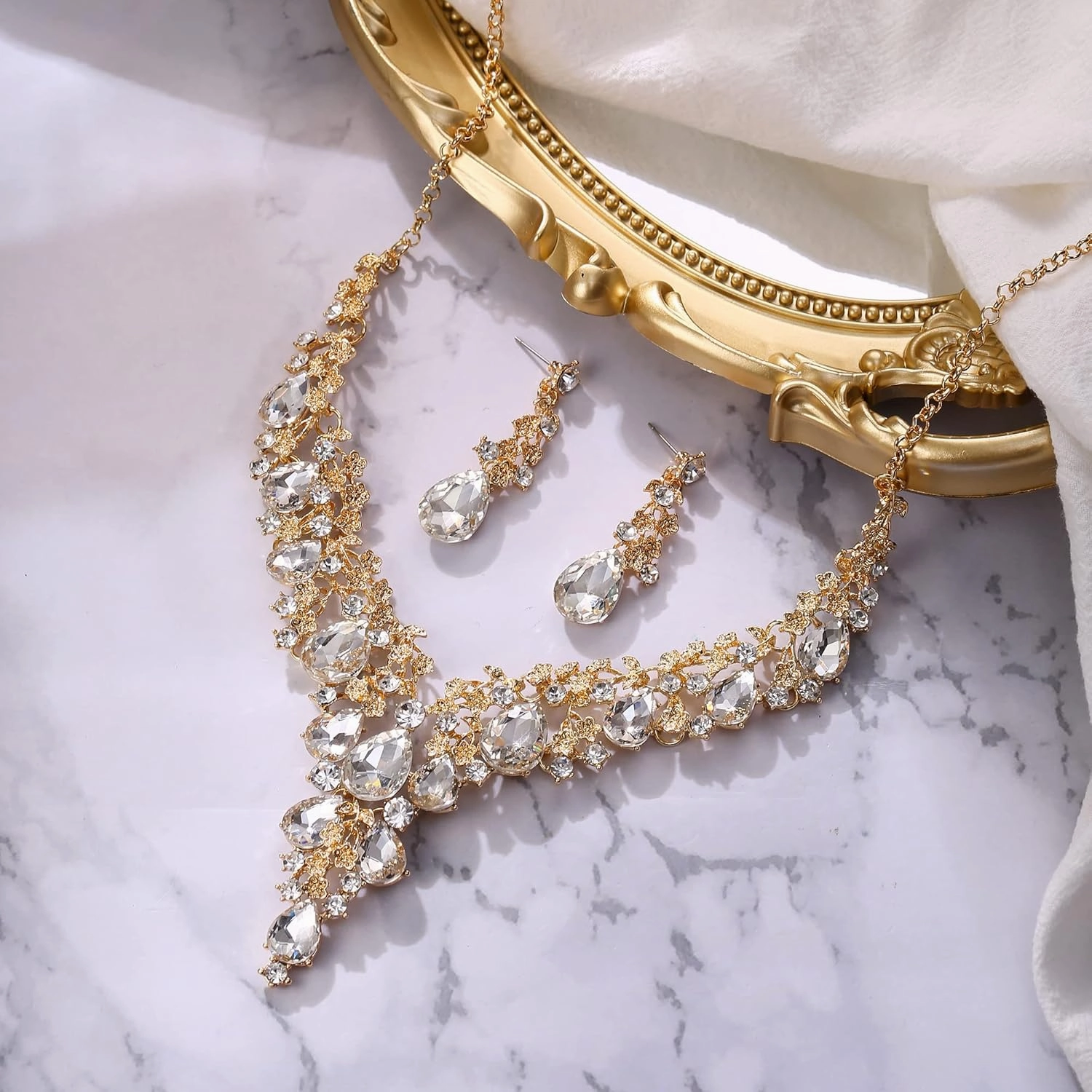 BriLove Women's Wedding Bridal Austrian Crystal Teardrop Flower Cluster Statement Necklace Dangle Earrings Jewelry Set for Party Prom