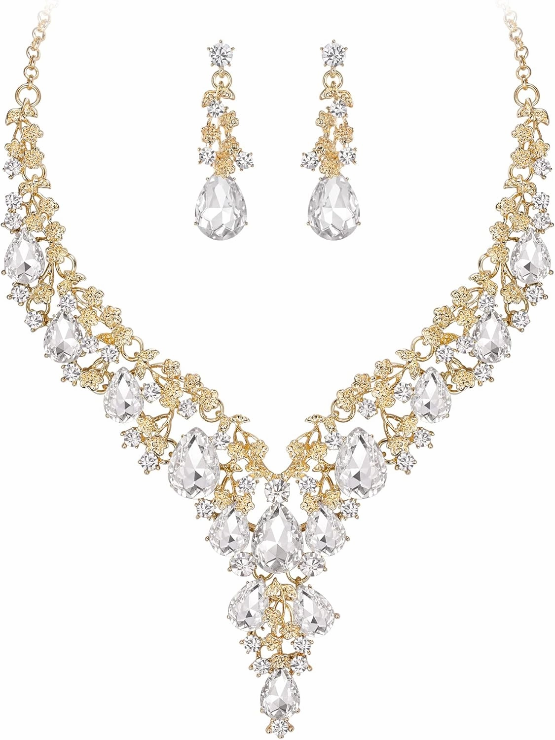 BriLove Women's Wedding Bridal Austrian Crystal Teardrop Flower Cluster Statement Necklace Dangle Earrings Jewelry Set for Party Prom