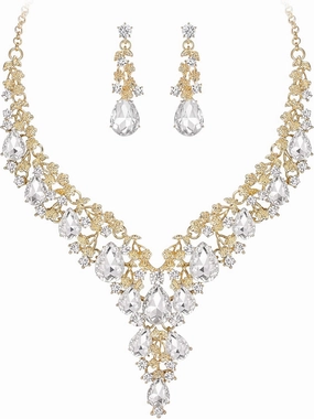 BriLove Women's Wedding Bridal Austrian Crystal Teardrop Flower Cluster Statement Necklace Dangle Earrings Jewelry Set for Party Prom