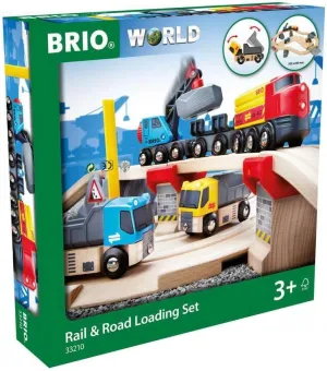 BRIO World 33210 - Rail & Road Loading Set - 32 Piece Wooden Train Set | Ideal for Kids Aged 3  | with Special Crane Car & Flatbed Idea