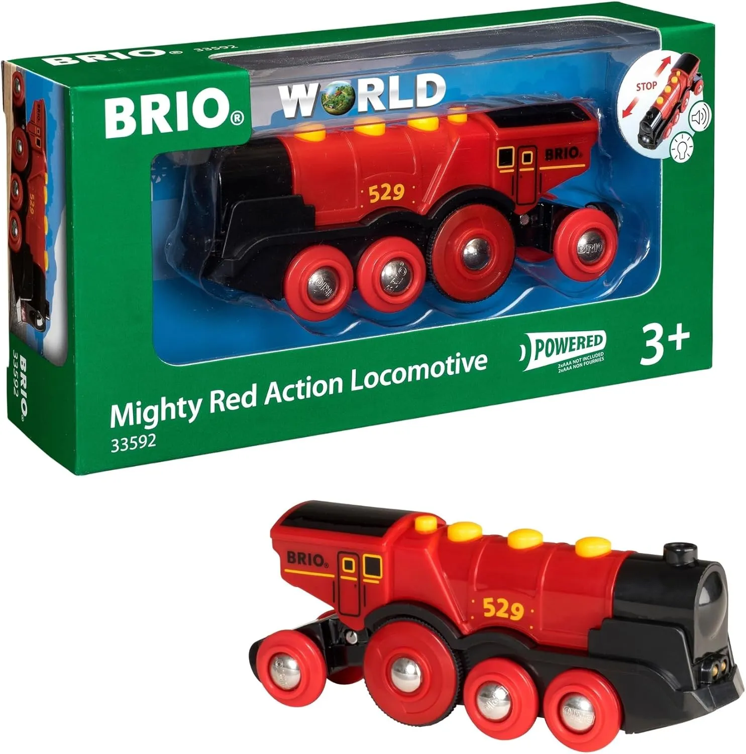 BRIO World Mighty Red Action Locomotive - Battery-Operated Toy Train for Wooden Track - Motorized Train with Light & Sound - Compatible with All Railway Sets - Interactive Play - Kids Ages 3 & Up