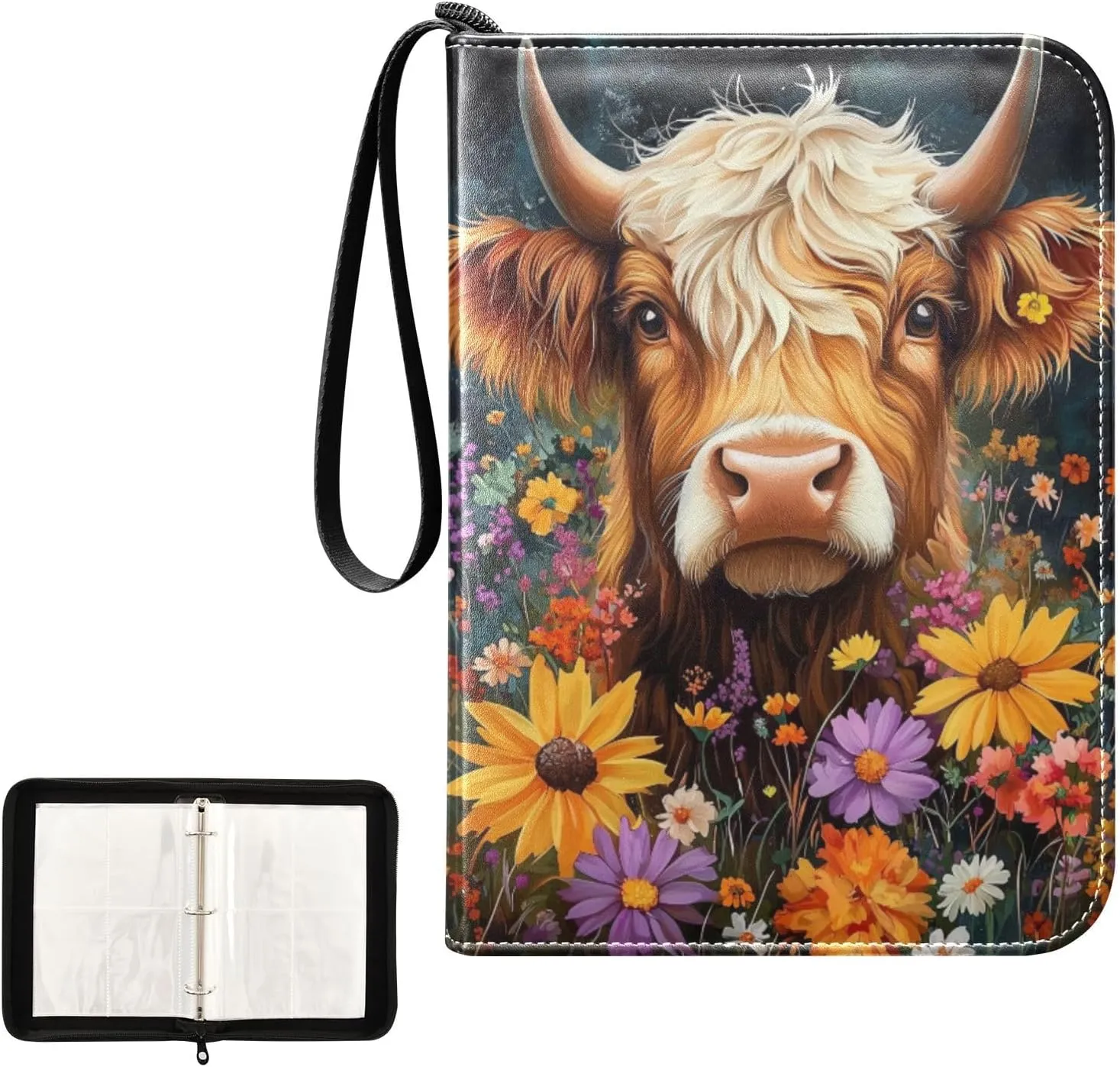 Brown Highland Cow Colorful Flowers Card Binder 4 Pocket, Trading Card Holder Fits 400 Game Cards with 50 Removable Sleeves, MTG Card Case Standard Size