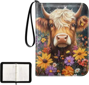 Brown Highland Cow Colorful Flowers Card Binder 4 Pocket, Trading Card Holder Fits 400 Game Cards with 50 Removable Sleeves, MTG Card Case Standard Size