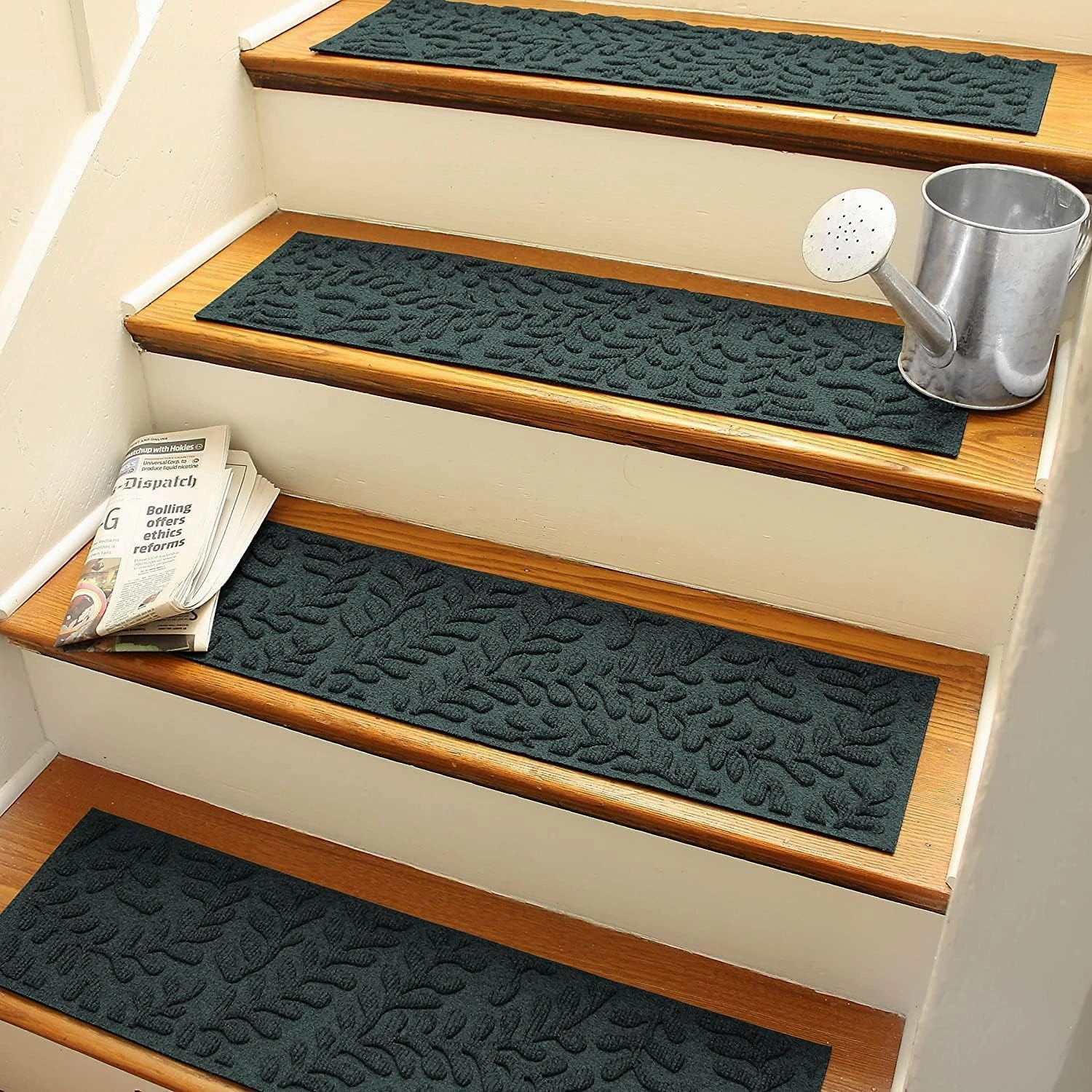 Bungalow Flooring Waterhog Stair Treads, Set of 4, 8-1/2 x 30 inches, Made in USA, Durable and Decorative Floor Covering, Indoor/Outdoor, Water-Trapping, Boxwood Collection, Evergreen