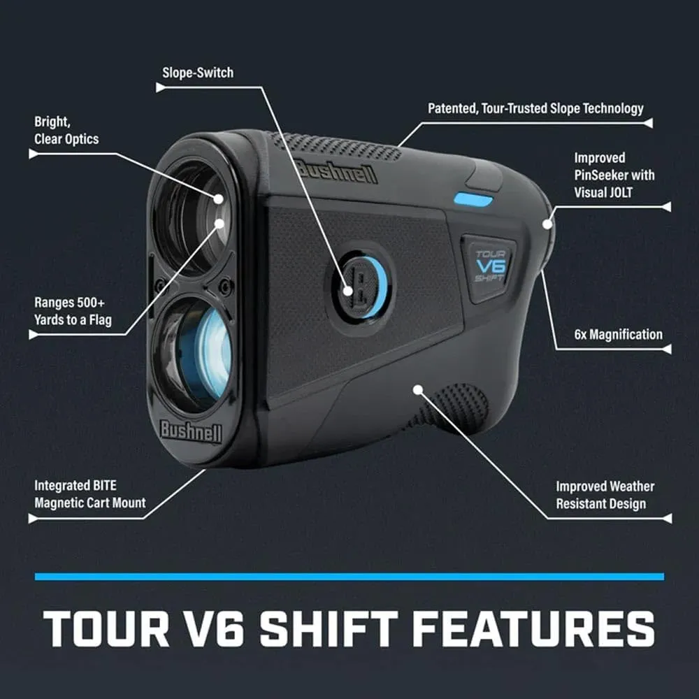 Bushnell Golf Tour V6 Shift Laser Rangefinder | Slope Compensation, PinSeeker, Magnetic Mount, 6X Magnification, 1300 Yard Range, 3D Flyovers in App, Signature Series Golf Towel