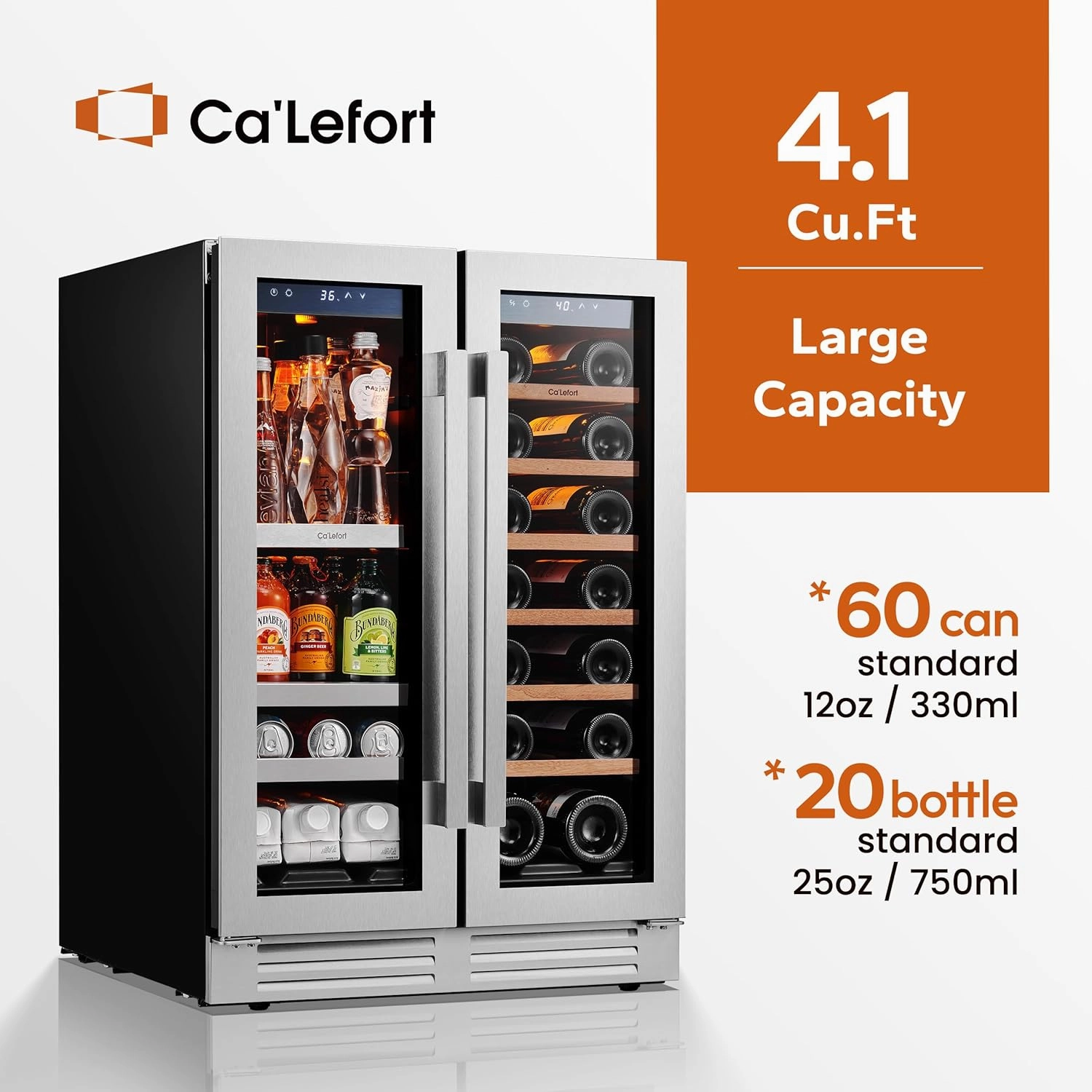 Ca'Lefort 24 Inch Wine and Beverage Refrigerator, 60 Cans 20 Bottles Dual Zone Cooler with Glass Door, 3 LED Built-in Compressor Fridge with Adjustable Shelves for Home Office Bar (4.1 cu.ft)