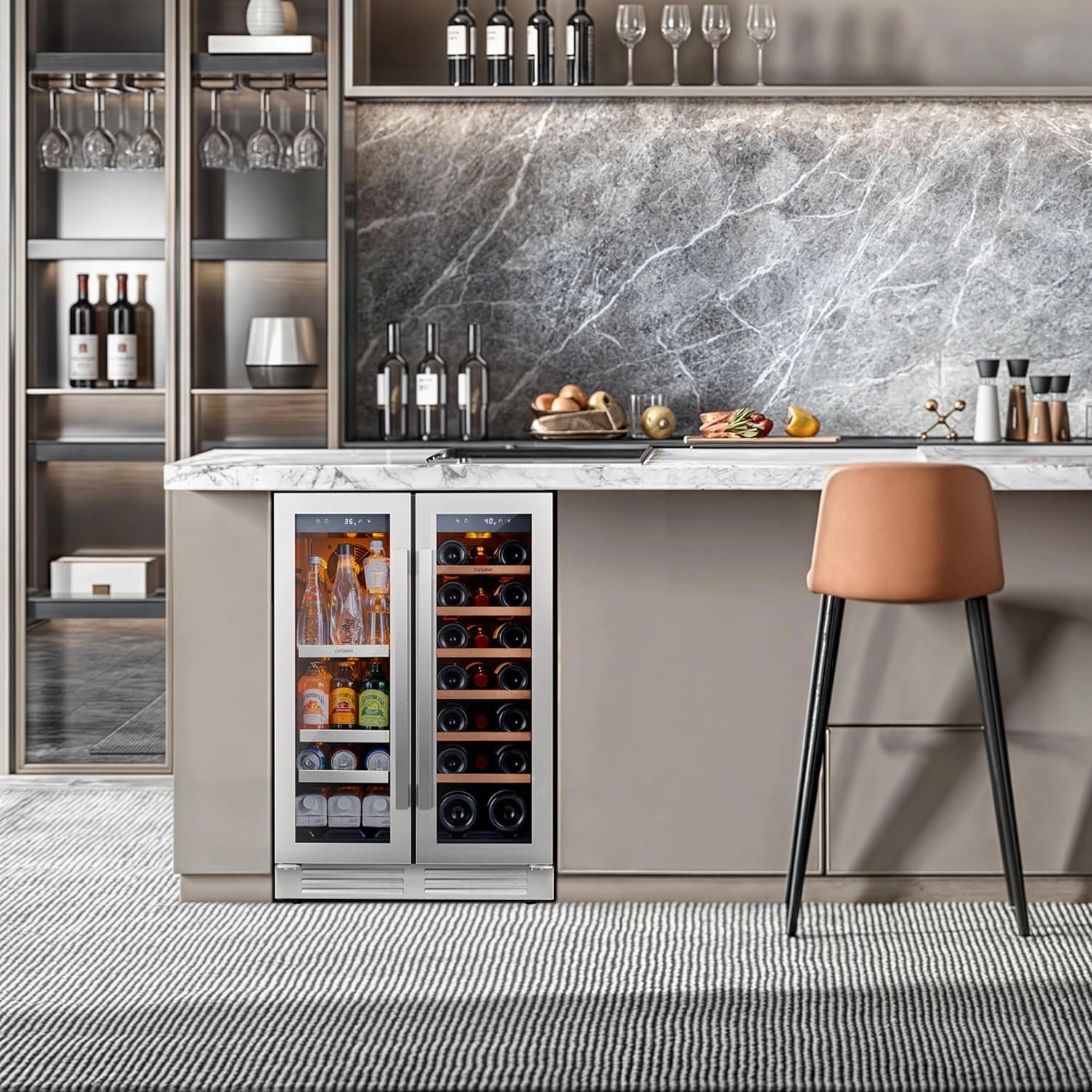 Ca'Lefort 24 Inch Wine and Beverage Refrigerator, 60 Cans 20 Bottles Dual Zone Cooler with Glass Door, 3 LED Built-in Compressor Fridge with Adjustable Shelves for Home Office Bar (4.1 cu.ft)