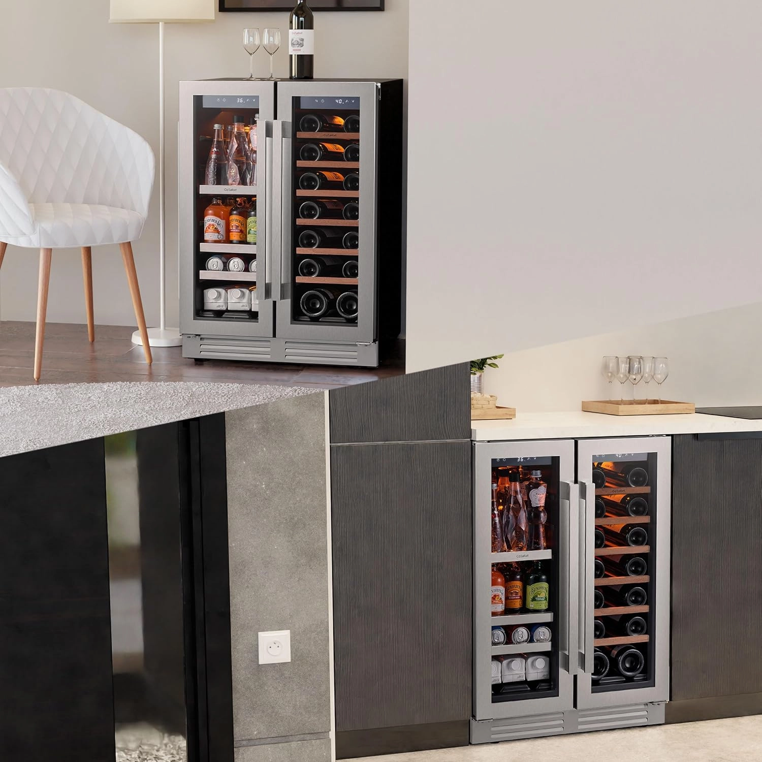 Ca'Lefort 24 Inch Wine and Beverage Refrigerator, 60 Cans 20 Bottles Dual Zone Cooler with Glass Door, 3 LED Built-in Compressor Fridge with Adjustable Shelves for Home Office Bar (4.1 cu.ft)