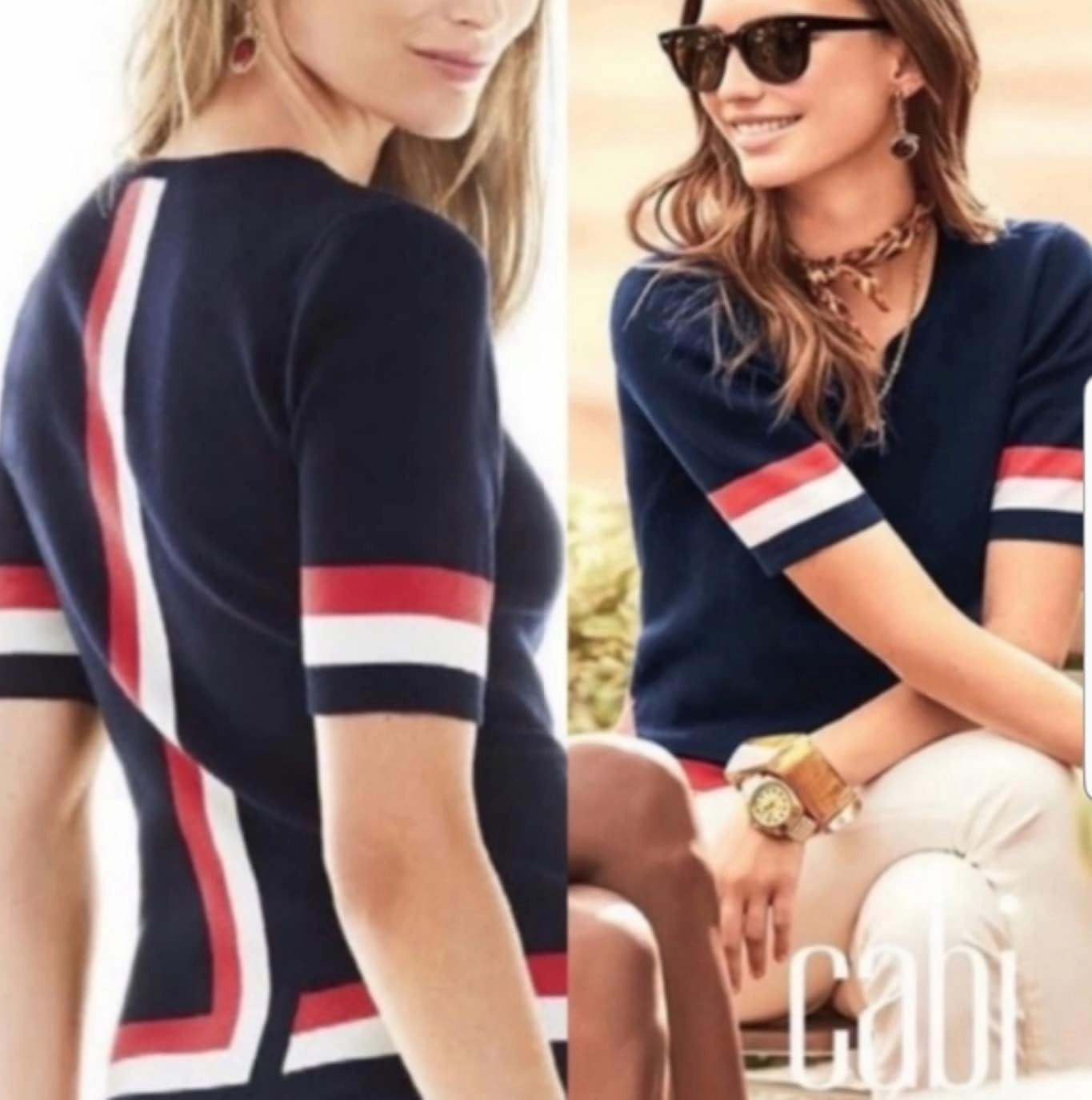 Cabi Hampton Shell Knit Top, is Navy with red and White Stripe at Sleeve and Hem.