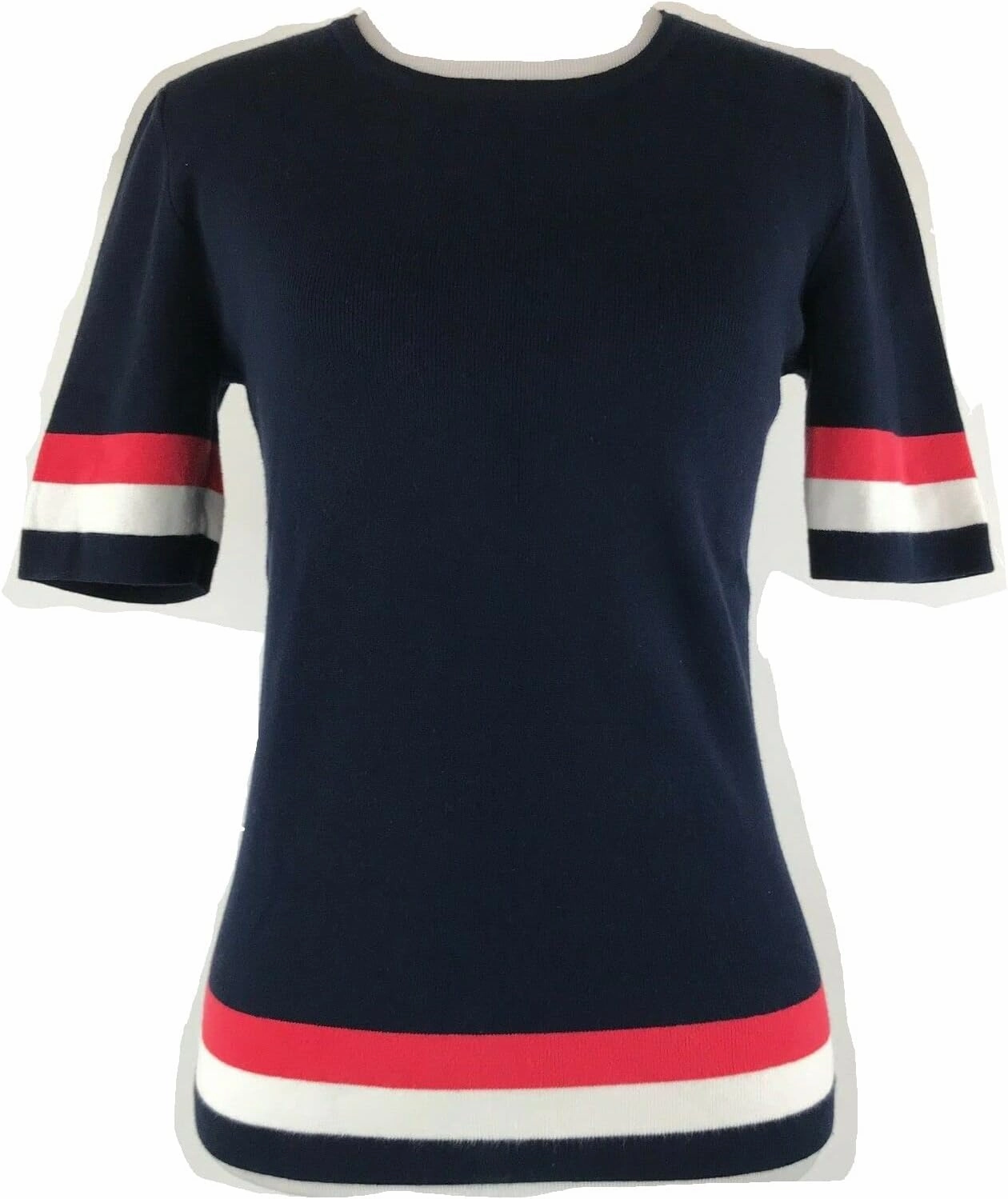Cabi Hampton Shell Knit Top, is Navy with red and White Stripe at Sleeve and Hem.