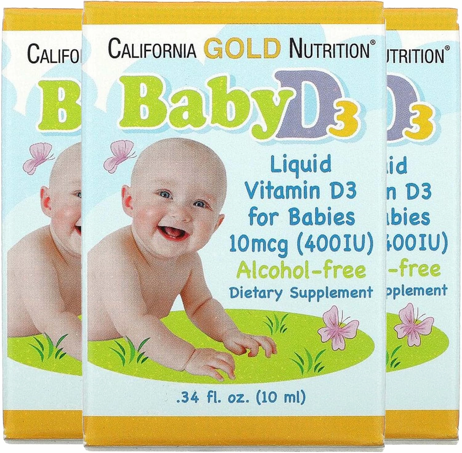 California Gold Nutrition Baby Vitamin D3 - Liquid D3 Supplement for Babies, Vegetarian Friendly - Developmental Support - Alcohol & Gluten Free, Non-GMO - 10 mcg (400 IU) - 0.34 fl oz (10 ml), 3