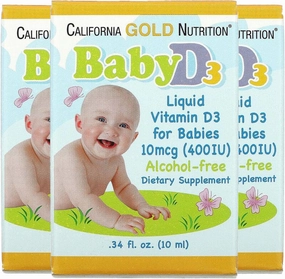 California Gold Nutrition Baby Vitamin D3 - Liquid D3 Supplement for Babies, Vegetarian Friendly - Developmental Support - Alcohol & Gluten Free, Non-GMO - 10 mcg (400 IU) - 0.34 fl oz (10 ml), 3