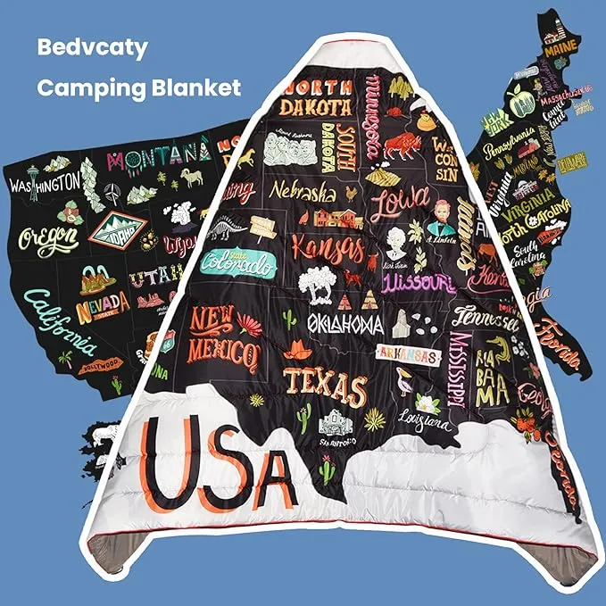 Camping Blanket, Puffy Waterproof Travel Blanket, Warm Cozy Picnic Blanket, for Outdoors, Travel, and Mountain.(Map, 78" x 56")