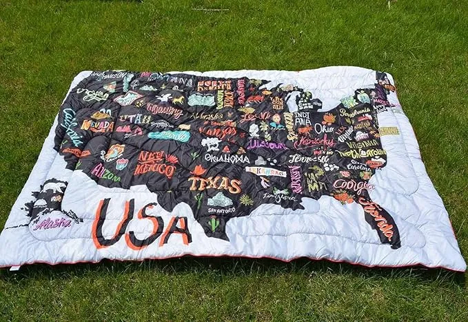 Camping Blanket, Puffy Waterproof Travel Blanket, Warm Cozy Picnic Blanket, for Outdoors, Travel, and Mountain.(Map, 78" x 56")