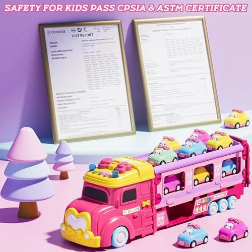 Car Toys for Age 2 3 4 5 6 7 Year Girl Toddler, Foldable Track & 2 Player Race Mode Game, Light & Sound Push Transport Carrier Truck W/ 6 Princess Car, Birthday Gift Idea for Kid