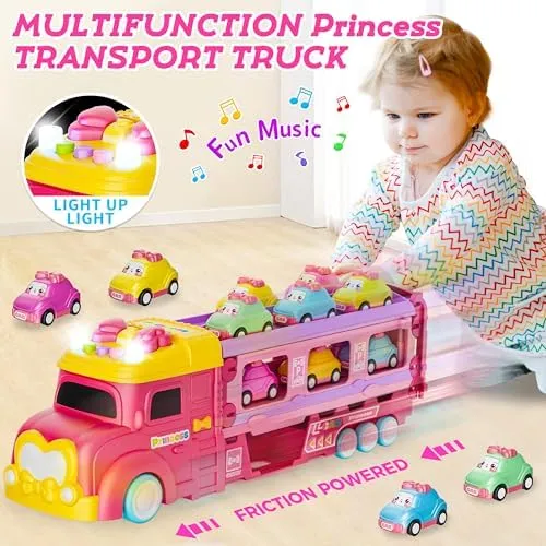 Car Toys for Age 2 3 4 5 6 7 Year Girl Toddler, Foldable Track & 2 Player Race Mode Game, Light & Sound Push Transport Carrier Truck W/ 6 Princess Car, Birthday Gift Idea for Kid