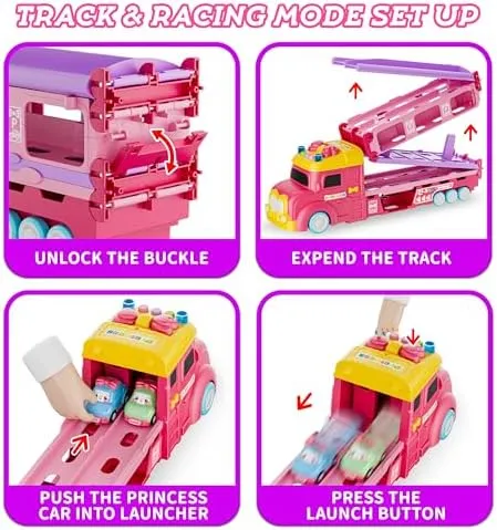 Car Toys for Age 2 3 4 5 6 7 Year Girl Toddler, Foldable Track & 2 Player Race Mode Game, Light & Sound Push Transport Carrier Truck W/ 6 Princess Car, Birthday Gift Idea for Kid