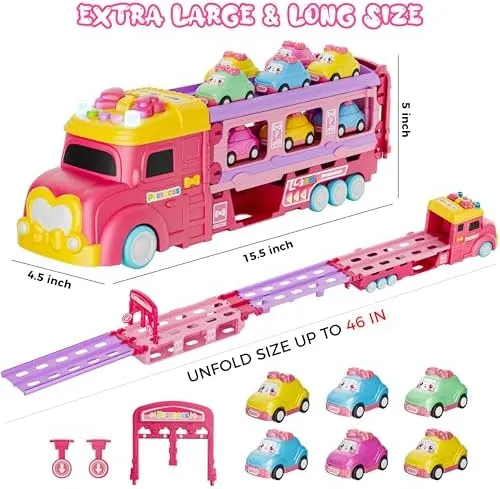 Car Toys for Age 2 3 4 5 6 7 Year Girl Toddler, Foldable Track & 2 Player Race Mode Game, Light & Sound Push Transport Carrier Truck W/ 6 Princess Car, Birthday Gift Idea for Kid