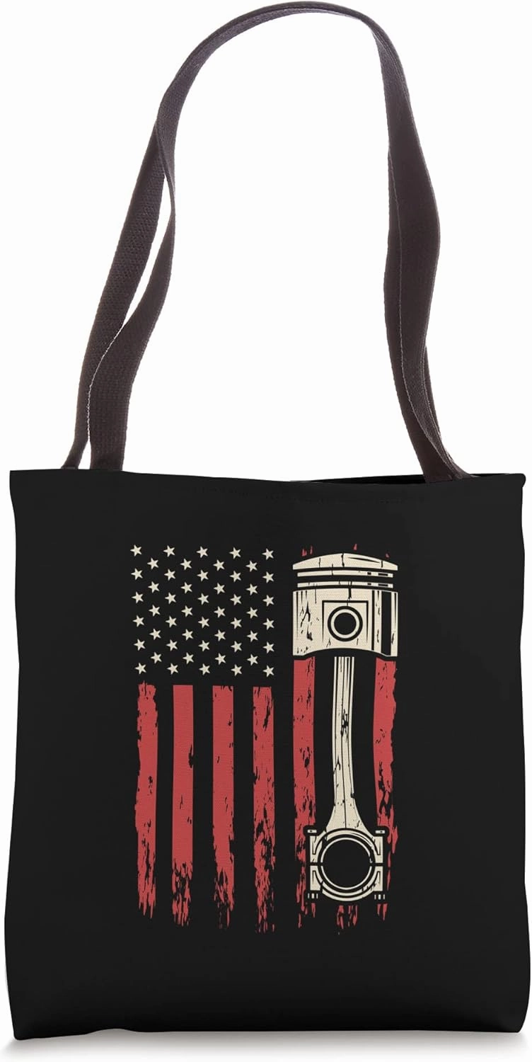 Car Enthusiast American Flag Piston for Muscle Car Lovers Tote Bag