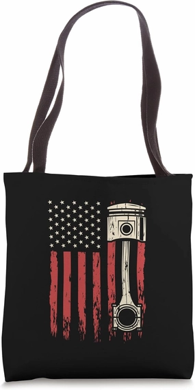 Car Enthusiast American Flag Piston for Muscle Car Lovers Tote Bag