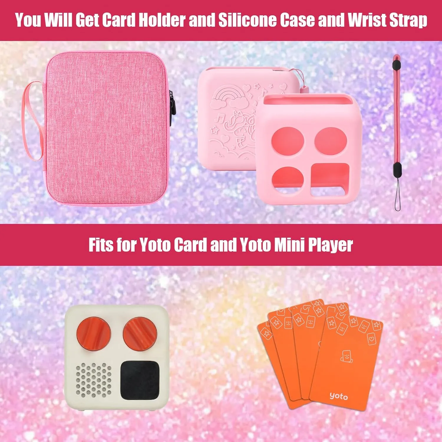 Card Holder for Yoto Cards – Kids Accessory, Soft Portable Folder with Zipper & 96 Pockets Player & Mini Audiobook Cards, Card Binder Case with Yoto Mini Silicone Case for Travel (Pink)
