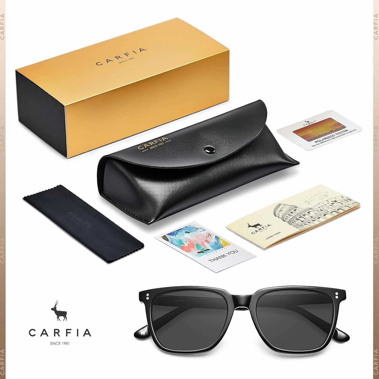 CARFIA Acetate Polarized Sunglasses for Men UV400 Protection Classic Retro Square Shades Driving Glasses
