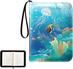 Cartoon Fish Jellyfish Coral Seaweed Card Binder 4 Pocket, Trading Card Holder Fits 400 Game Cards with 50 Removable Sleeves, MTG Card Case Standard Size