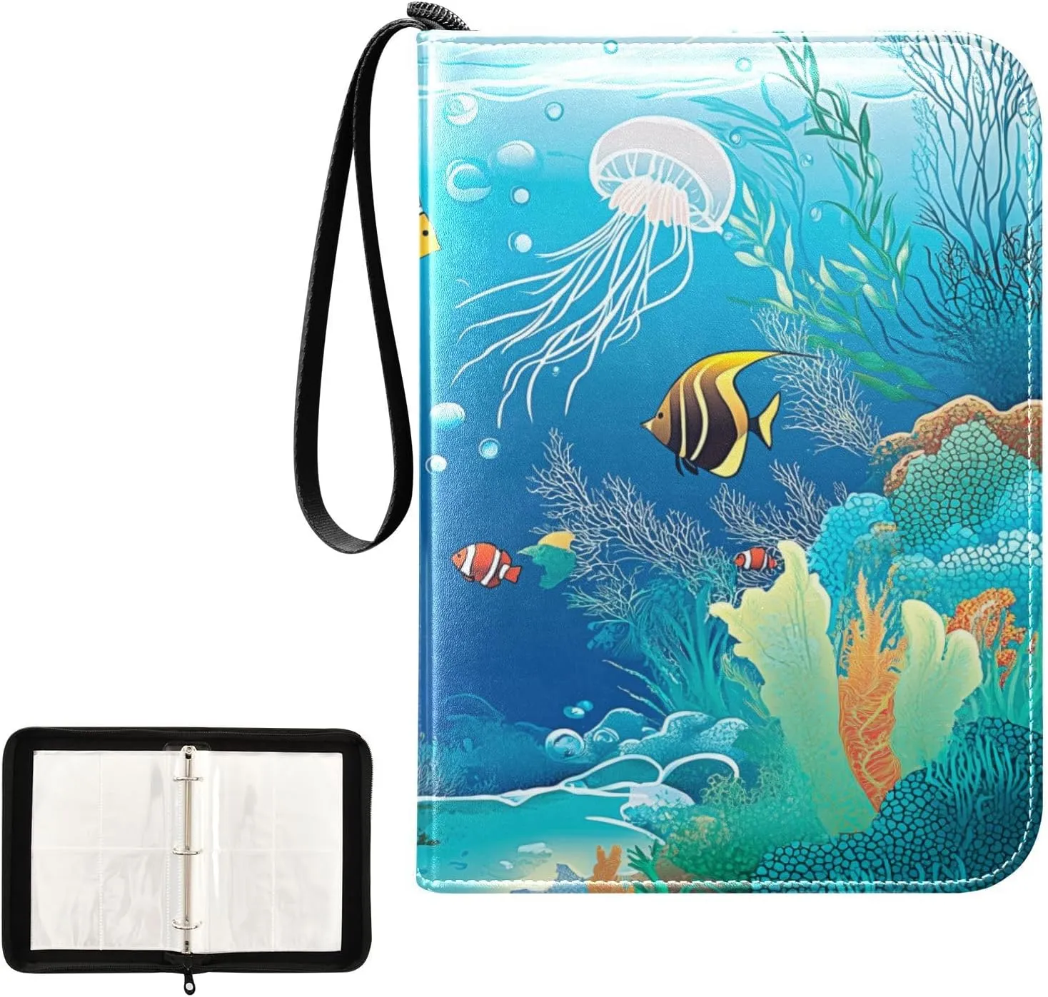 Cartoon Fish Jellyfish Coral Seaweed Card Binder 4 Pocket, Trading Card Holder Fits 400 Game Cards with 50 Removable Sleeves, MTG Card Case Standard Size
