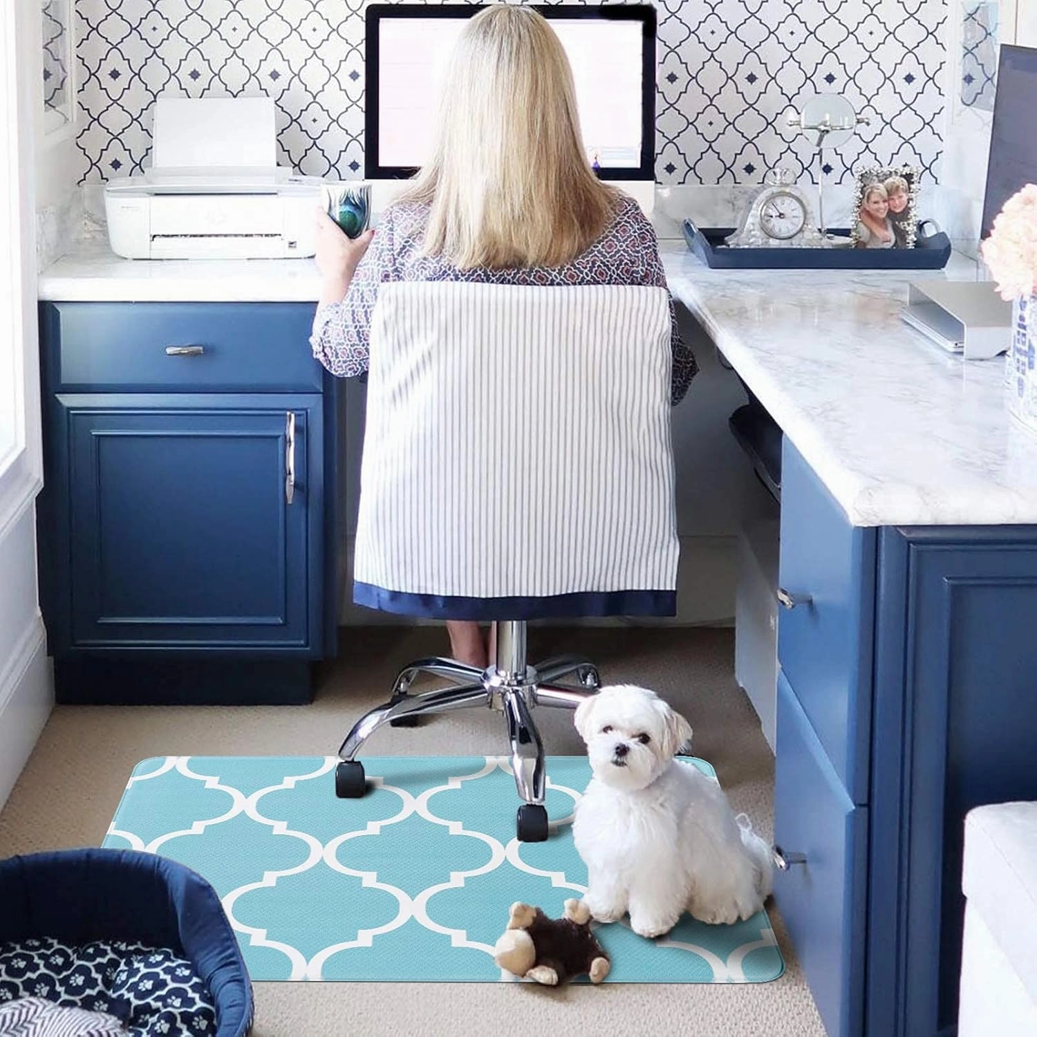 Carvapet Moroccan Trellis Kitchen Mat 2 PCS Cushioned Anti-Fatigue Kitchen Rug Waterproof Non-Slip Rugs PVC Ergonomic Comfort Standing Foam Mats for Office Laundry, Teal, 17.3''x27.5'' 17.3''x47.2''