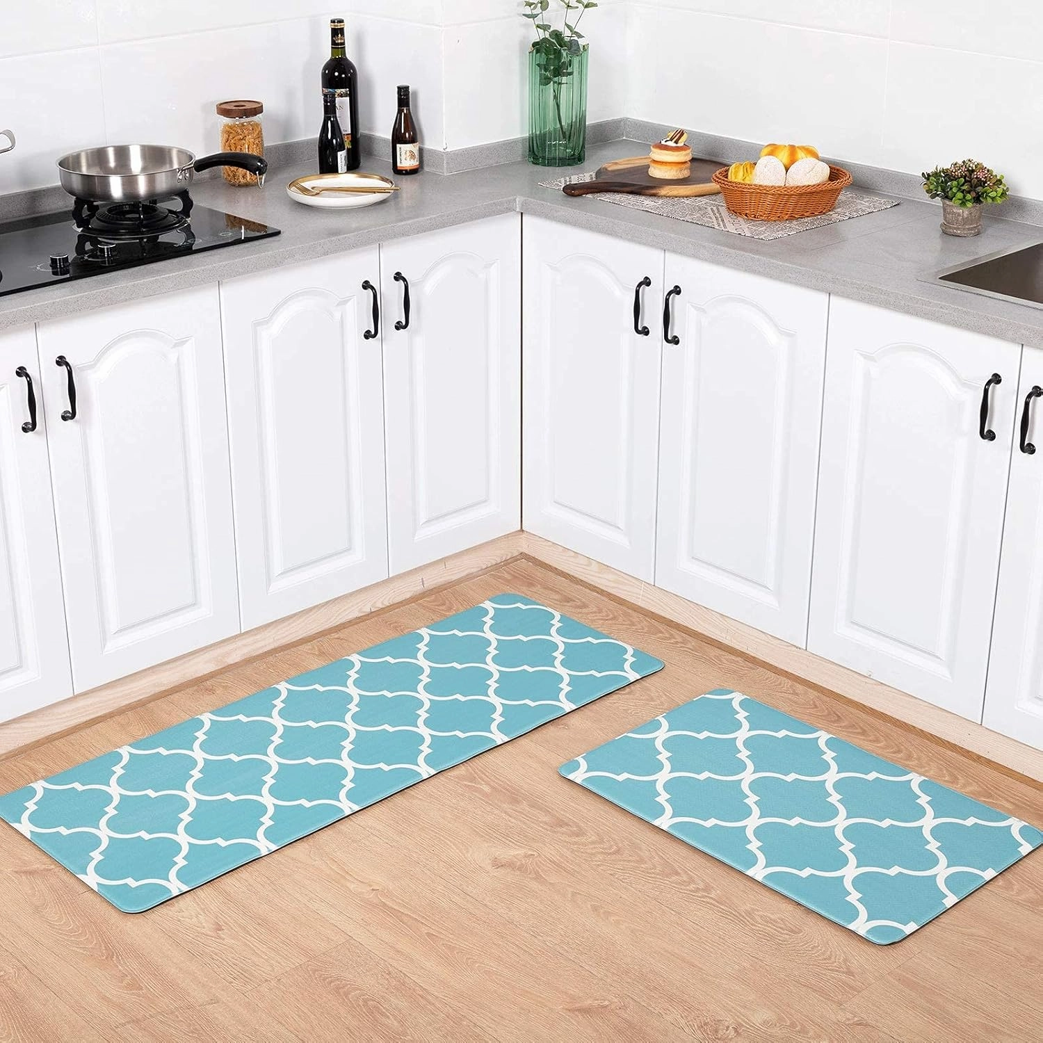 Carvapet Moroccan Trellis Kitchen Mat 2 PCS Cushioned Anti-Fatigue Kitchen Rug Waterproof Non-Slip Rugs PVC Ergonomic Comfort Standing Foam Mats for Office Laundry, Teal, 17.3''x27.5'' 17.3''x47.2''