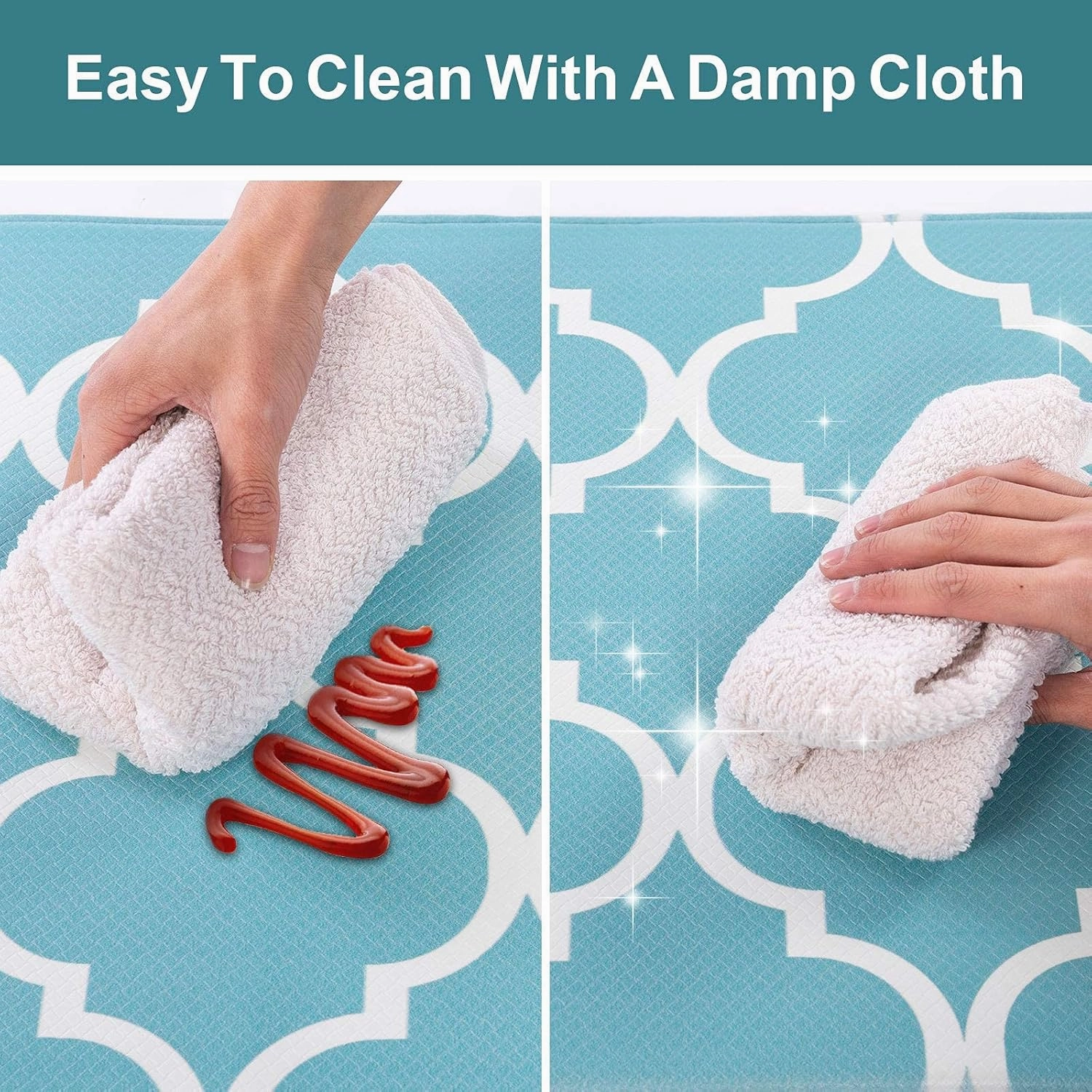 Carvapet Moroccan Trellis Kitchen Mat 2 PCS Cushioned Anti-Fatigue Kitchen Rug Waterproof Non-Slip Rugs PVC Ergonomic Comfort Standing Foam Mats for Office Laundry, Teal, 17.3''x27.5'' 17.3''x47.2''