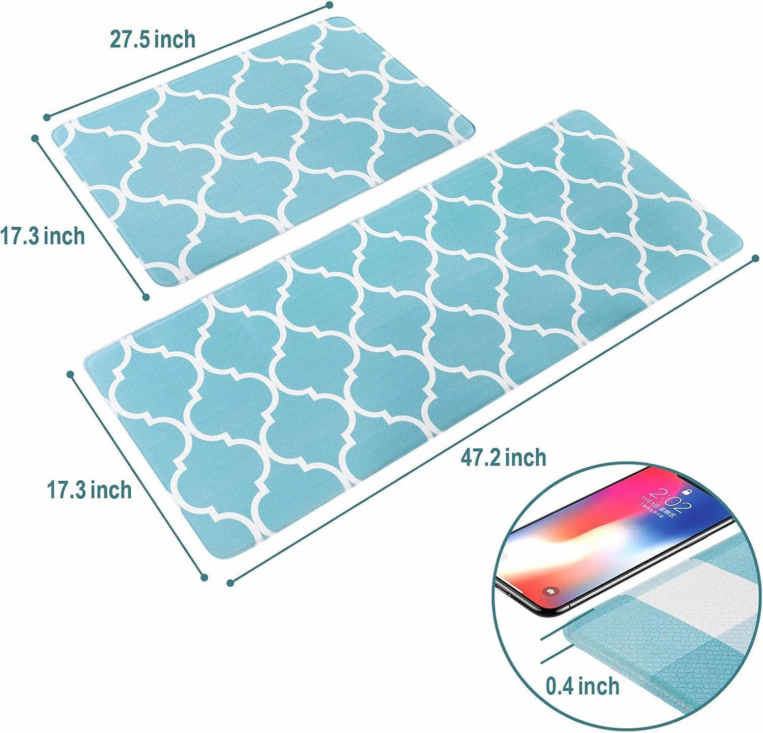 Carvapet Moroccan Trellis Kitchen Mat 2 PCS Cushioned Anti-Fatigue Kitchen Rug Waterproof Non-Slip Rugs PVC Ergonomic Comfort Standing Foam Mats for Office Laundry, Teal, 17.3''x27.5'' 17.3''x47.2''