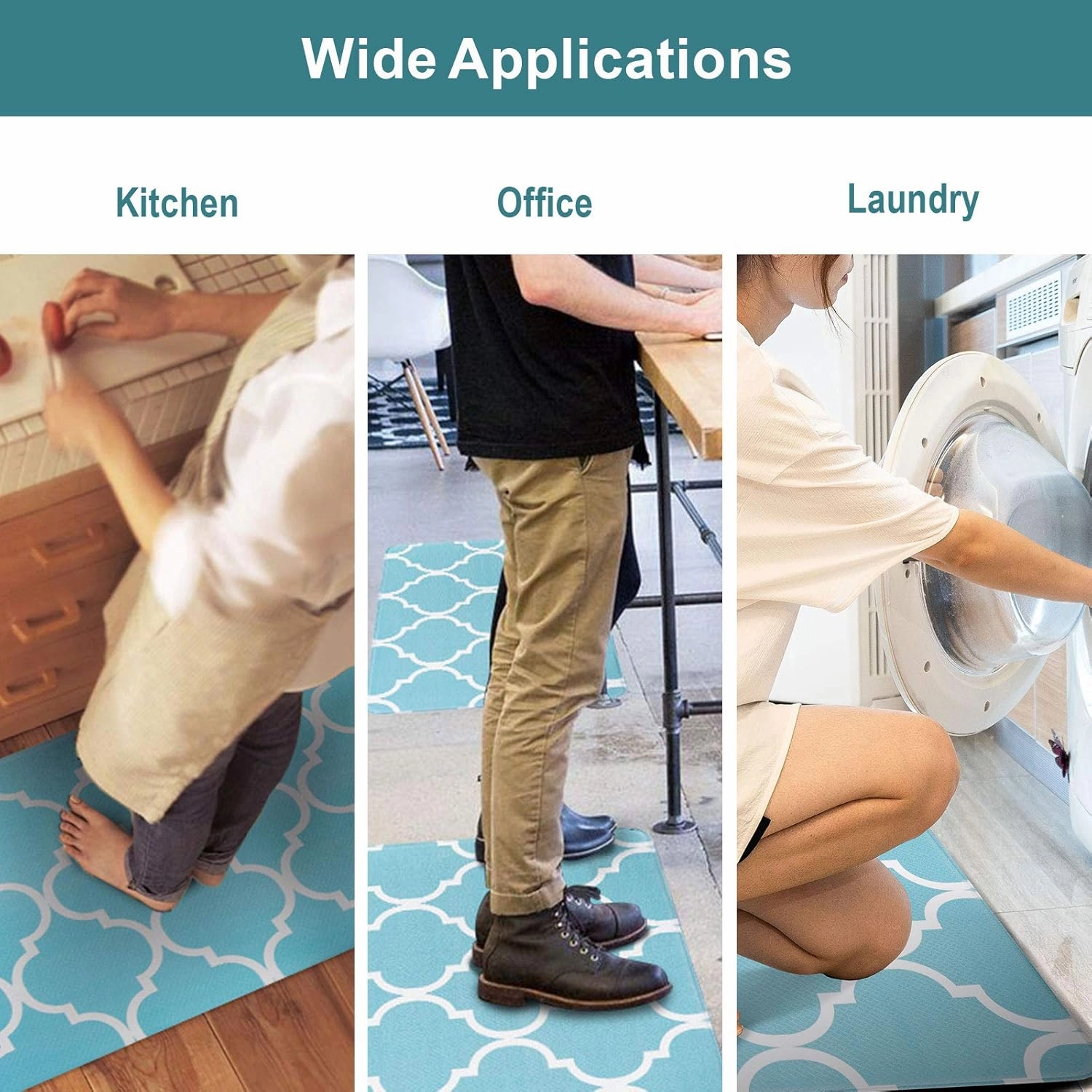 Carvapet Moroccan Trellis Kitchen Mat 2 PCS Cushioned Anti-Fatigue Kitchen Rug Waterproof Non-Slip Rugs PVC Ergonomic Comfort Standing Foam Mats for Office Laundry, Teal, 17.3''x27.5'' 17.3''x47.2''
