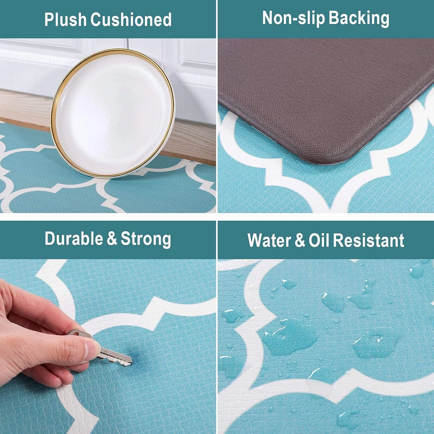 Carvapet Moroccan Trellis Kitchen Mat 2 PCS Cushioned Anti-Fatigue Kitchen Rug Waterproof Non-Slip Rugs PVC Ergonomic Comfort Standing Foam Mats for Office Laundry, Teal, 17.3''x27.5'' 17.3''x47.2''
