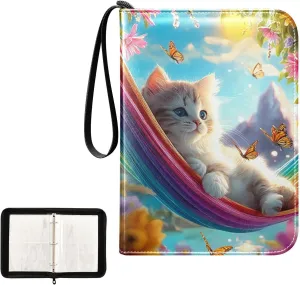 Cat in Colorful Hammock Card Binder 4 Pocket, Trading Card Holder Fits 400 Game Cards with 50 Removable Sleeves, MTG Card Case Standard Size