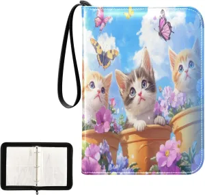 Cats Colorful Butterflies and Flowers Card Binder 4 Pocket, Trading Card Holder Fits 400 Game Cards with 50 Removable Sleeves, MTG Card Case Standard Size