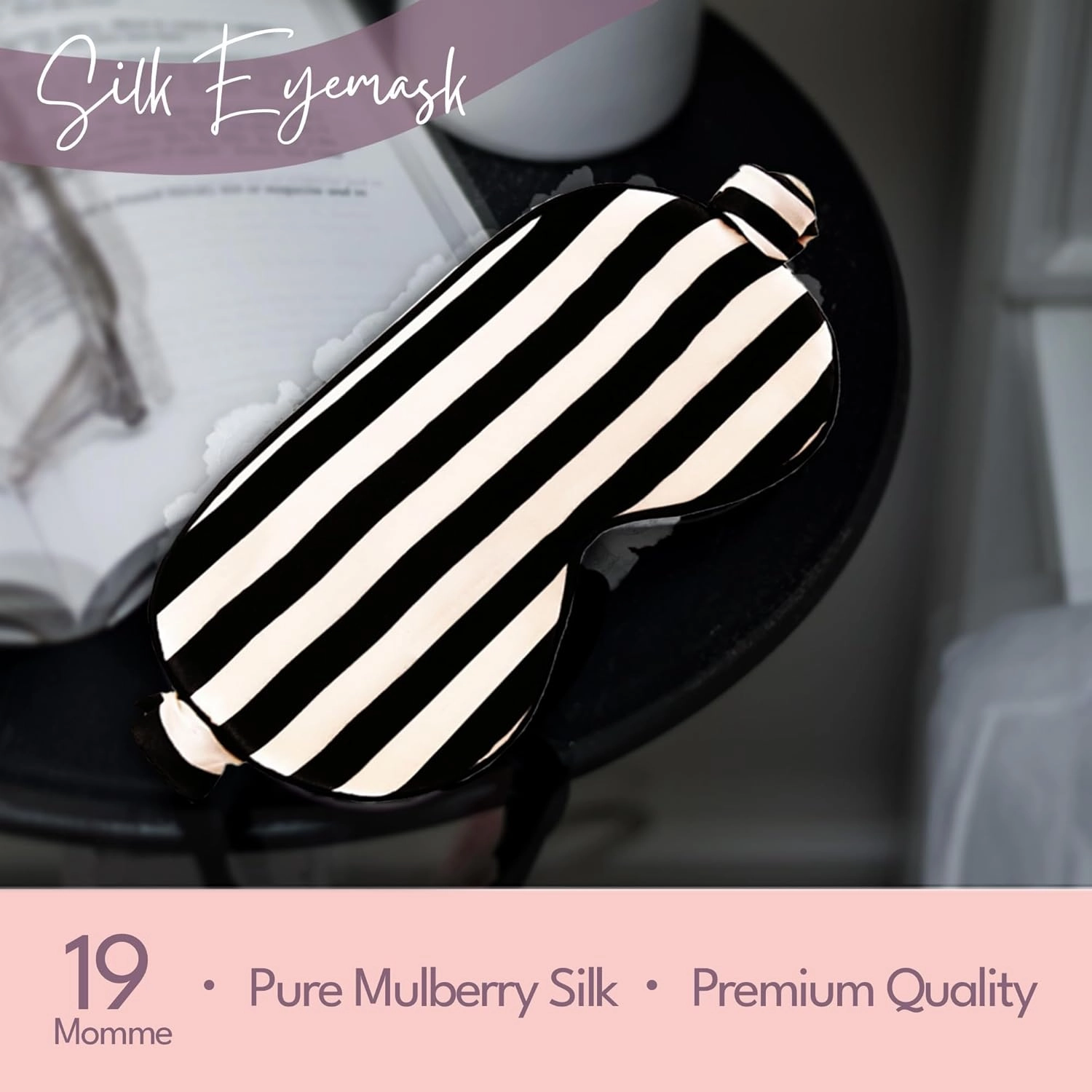 CELESTIAL SILK Mulberry Silk Sleep Eye Mask with Adjustable Elastic Strap (Adjustable, Black/White Stripe)