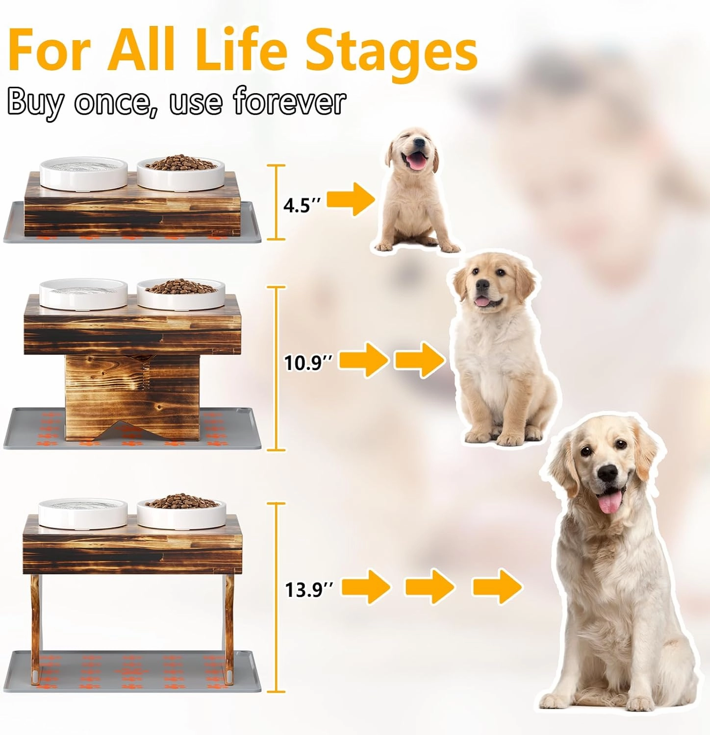 Ceramic Dog Bowls Elevated with Silicone Mat for Medium Dogs 3 Height Adjustable Dog Raised Bowl Stand Wooden Puppy Bowl of All Ages (1.5L/50oz*2) Darkwood