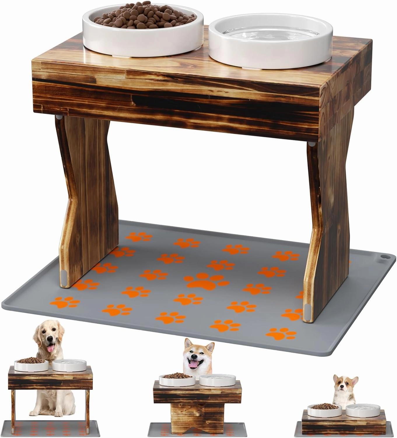 Ceramic Dog Bowls Elevated with Silicone Mat for Medium Dogs 3 Height Adjustable Dog Raised Bowl Stand Wooden Puppy Bowl of All Ages (1.5L/50oz*2) Darkwood