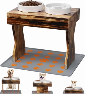 Ceramic Dog Bowls Elevated with Silicone Mat for Medium Dogs 3 Height Adjustable Dog Raised Bowl Stand Wooden Puppy Bowl of All Ages (1.5L/50oz*2) Darkwood