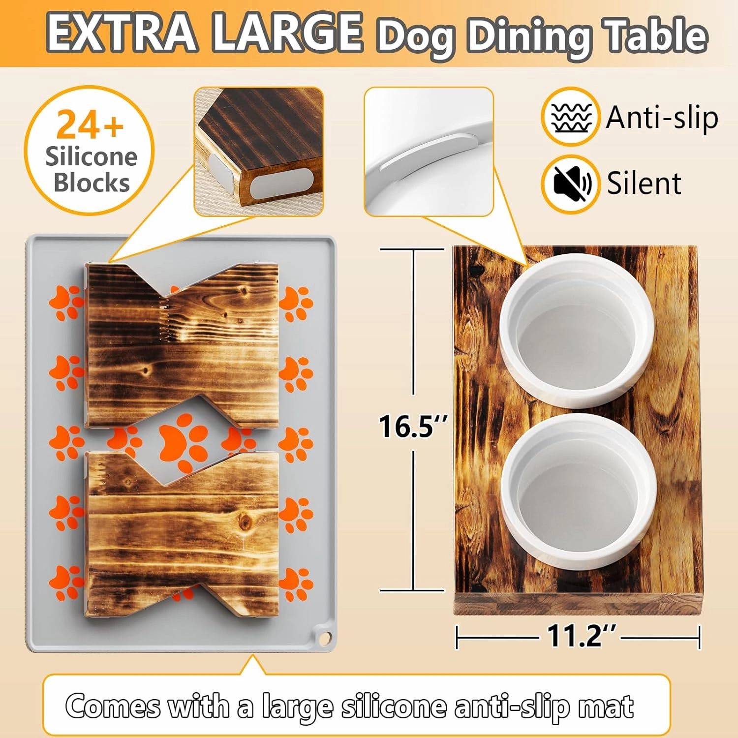 Ceramic Dog Bowls Elevated with Silicone Mat for Medium Dogs 3 Height Adjustable Dog Raised Bowl Stand Wooden Puppy Bowl of All Ages (1.5L/50oz*2) Darkwood
