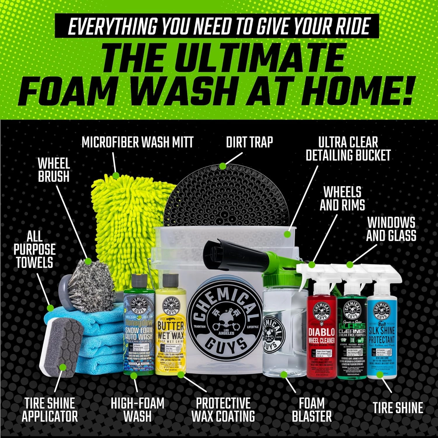 Chemical Guys HOL126 14-Piece Arsenal Builder Car Wash Kit with Foam Gun, Bucket, and (5) 16 oz Car Care Cleaning Chemicals, Gift for Car & Truck Lovers, Dads and DIYers (Works w/Garden Hose)