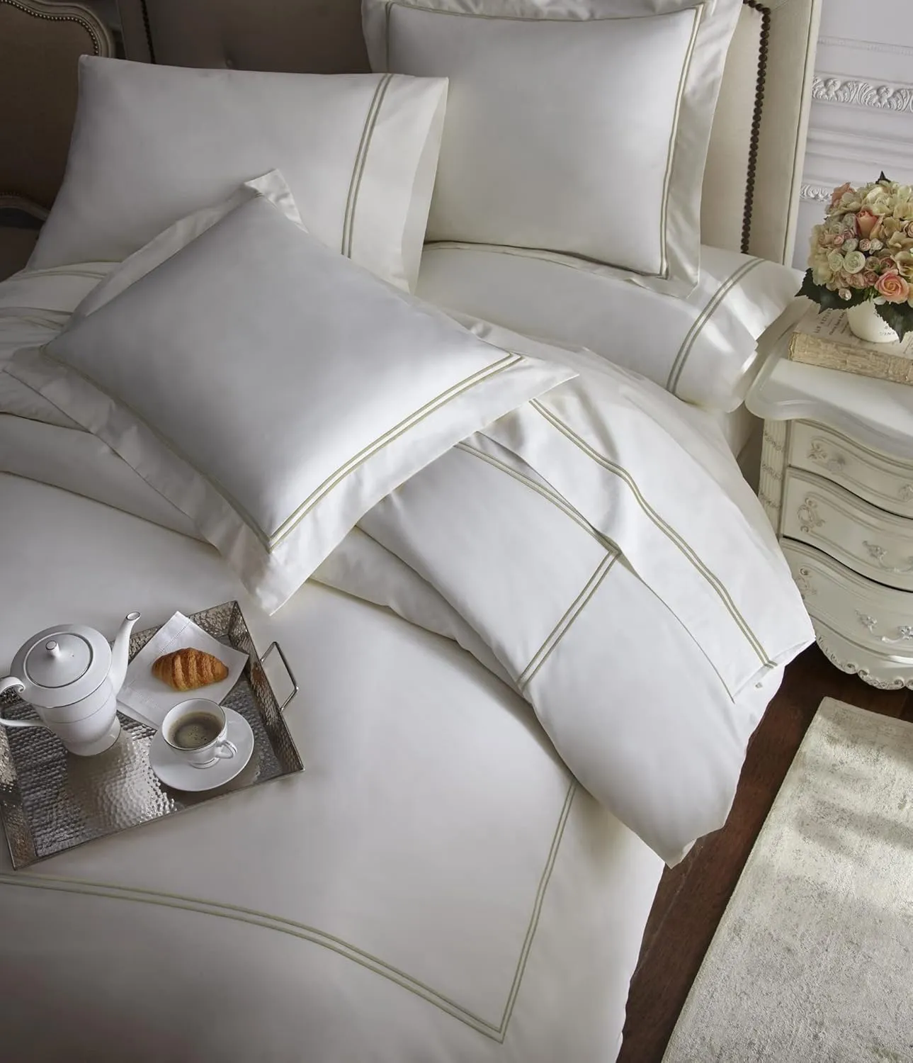 Chezmoi Collection Venezia 4-Piece 400 Thread Count Tencel Cotton Sheet Set - Double Row Stitch Embroidery Bordered - Silky Soft, Smooth, Breathable Cooling - King, Tan