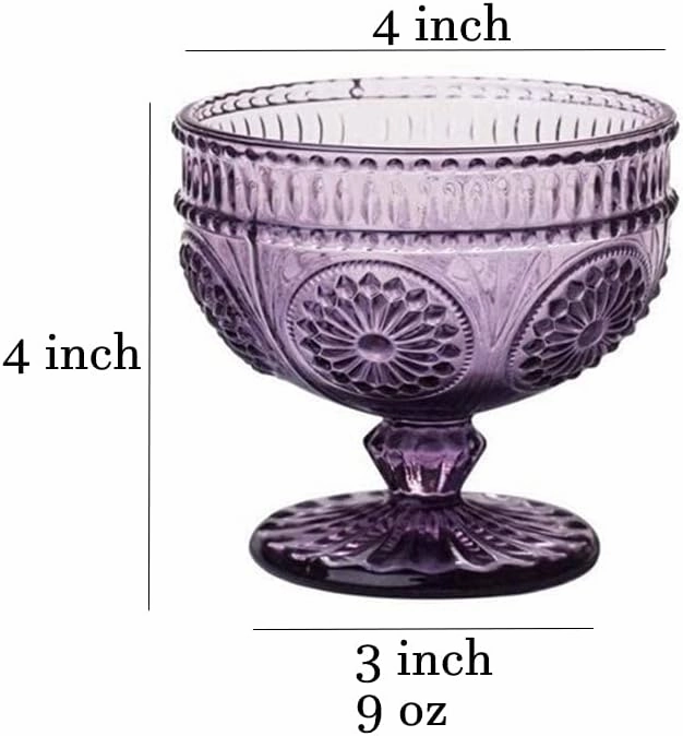 CHOOLD 4-Piece Vintage Flower Embossed Glass Footed Dessert and Salad Bowl Set - 9 Oz Each