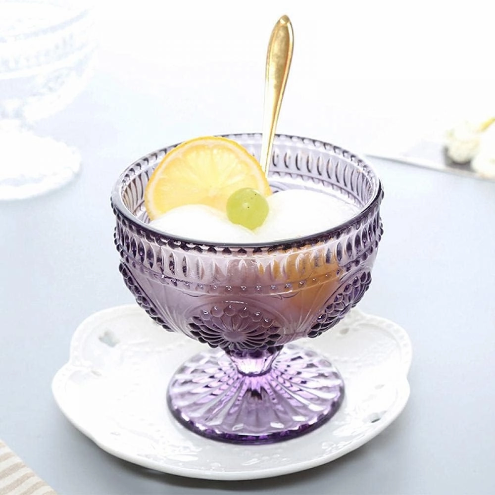 CHOOLD 4-Piece Vintage Flower Embossed Glass Footed Dessert and Salad Bowl Set - 9 Oz Each