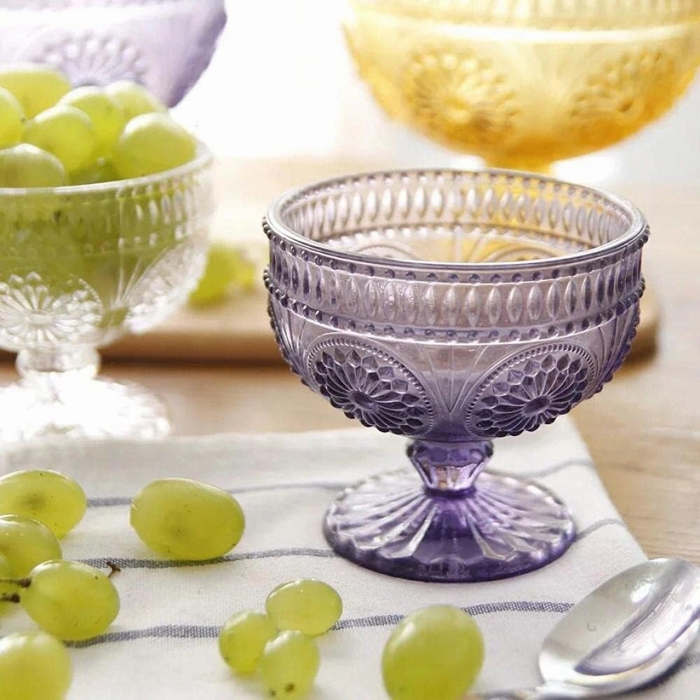 CHOOLD 4-Piece Vintage Flower Embossed Glass Footed Dessert and Salad Bowl Set - 9 Oz Each