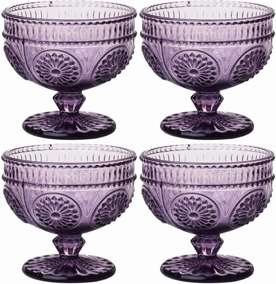 CHOOLD 4-Piece Vintage Flower Embossed Glass Footed Dessert and Salad Bowl Set - 9 Oz Each