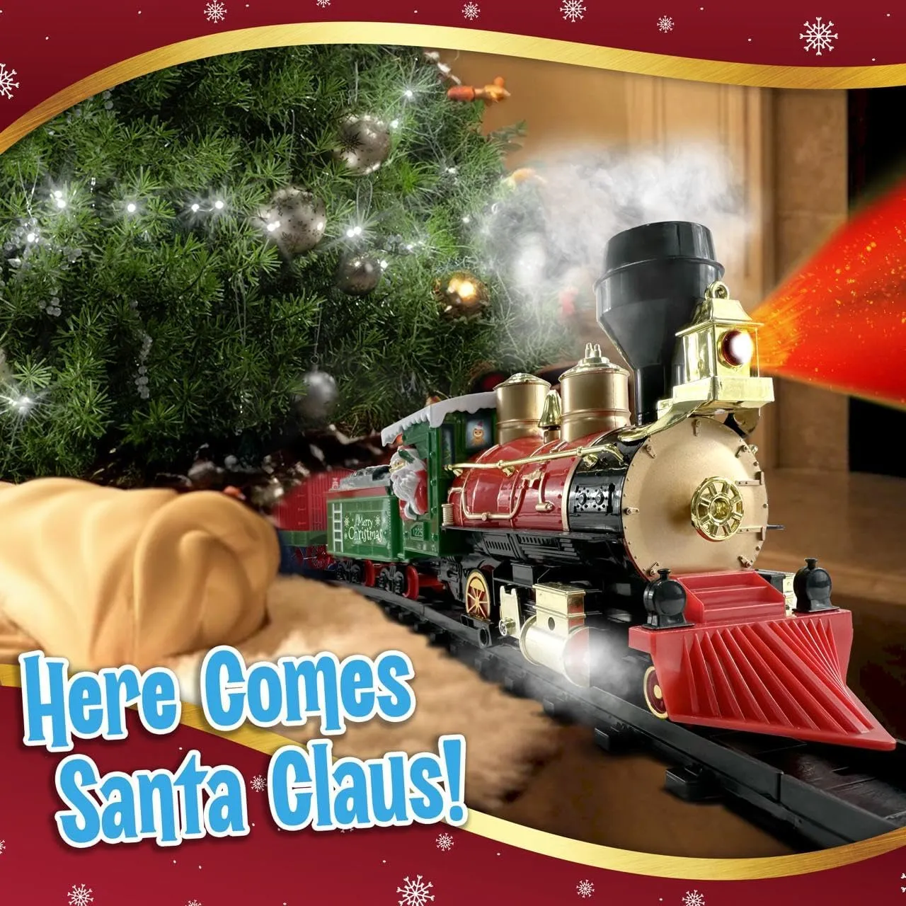Christmas Train Set for Under The Tree with Lights, Music, Sounds and Steam – Electric Train with On/Off Button, Santa Sleigh, Smoke, Tracks – Perfect for Boys, Toddlers Ages 3  Year Olds