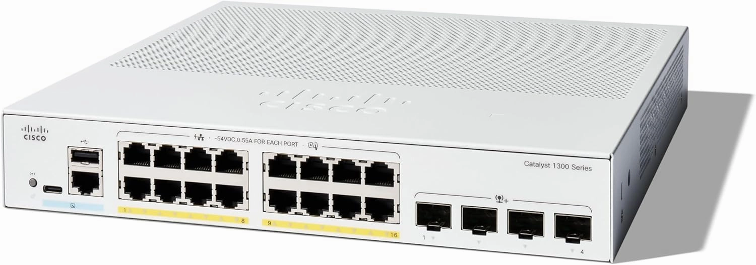 Cisco Catalyst 1300-16P-4X Managed Switch, 16 Port GE, PoE, 4x10GE SFP , Limited Lifetime Protection (C1300-16P-4X)